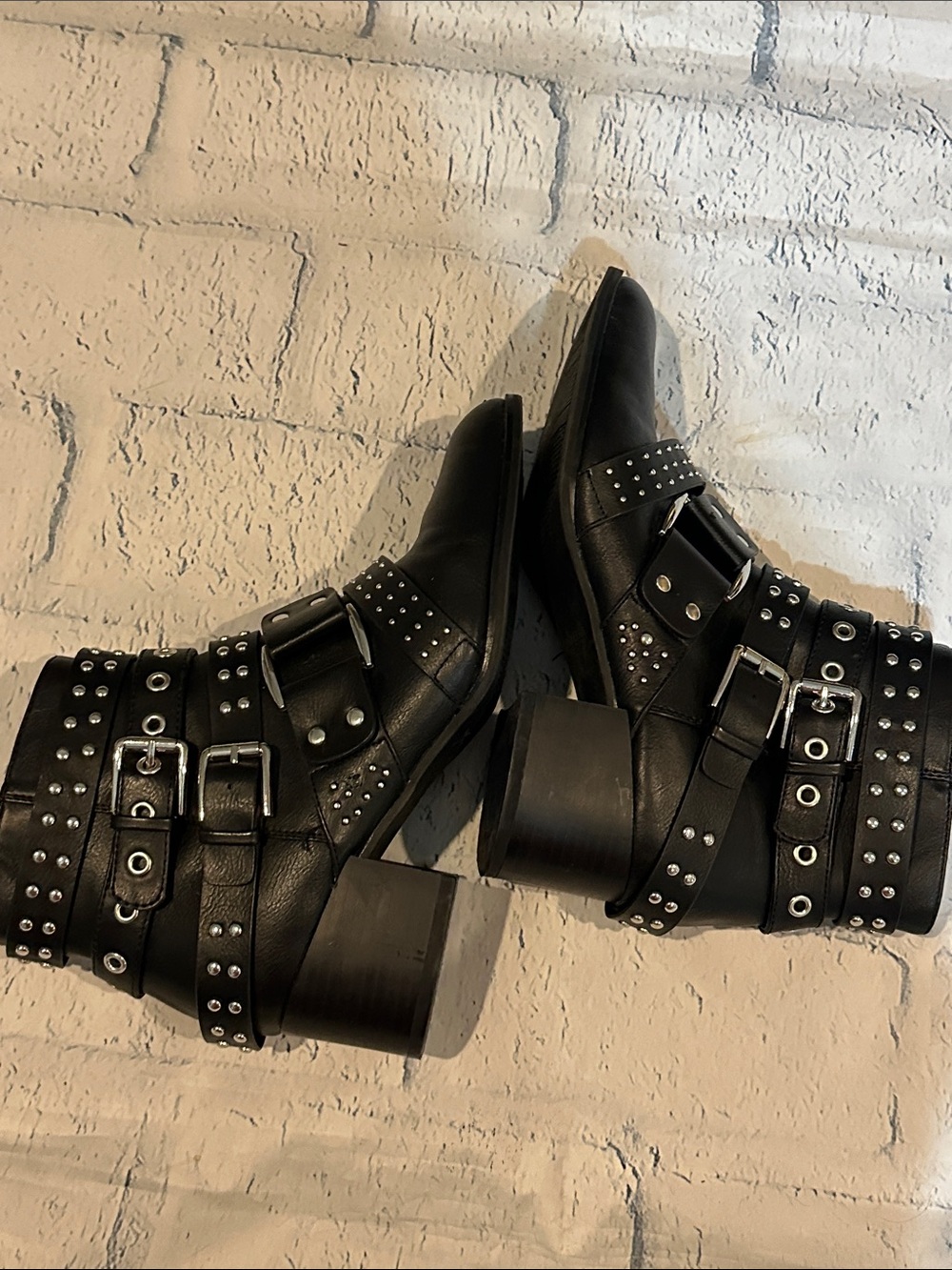 Fergalicious Studded Black Leather Ankle Boots with Buckle Straps - Picture 3 of 10